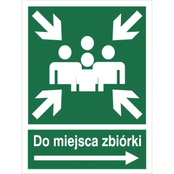 Znak do miejsca zbiórki ewakuacji w prawo na płycie PCV (120-11)