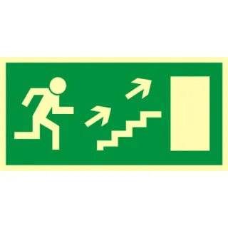 Znak kierunek do wyjścia drogi ewakuacyjnej schodami w górę w prawo na Płycie Świecącej (AC023)