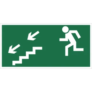 Znak kierunek do wyjścia drogi ewakuacyjnej schodami w dół na lewo na Folii Świecącej (105)