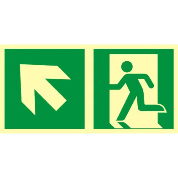 Znak kierunek do wyjścia ewakuacyjnego - w górę w lewo na Folii Świecącej (AAE101)