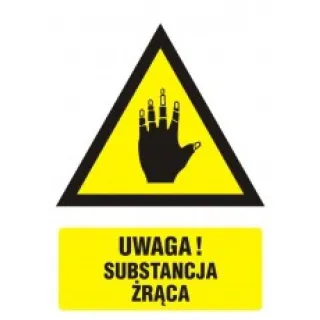 Znak ostrzeżenie przed substancjami żrącymi na płycie PCV (JA 010)