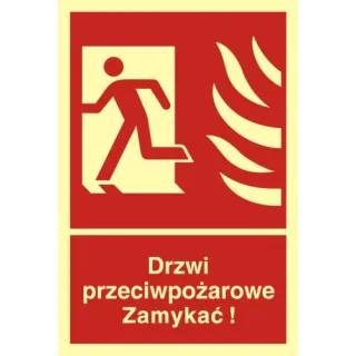 Znak drzwi przeciwpożarowe. Zamykać! Kierunek drogi ewakuacyjnej w lewo na płycie PCV (BB011)