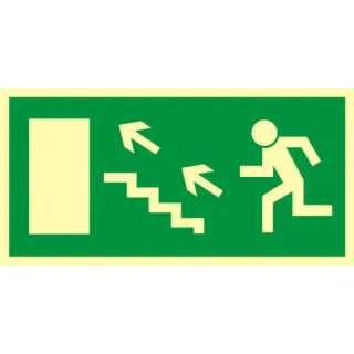Znak kierunek do wyjścia drogi ewakuacyjnej schodami w górę w lewo na Folii Świecącej (AC022)