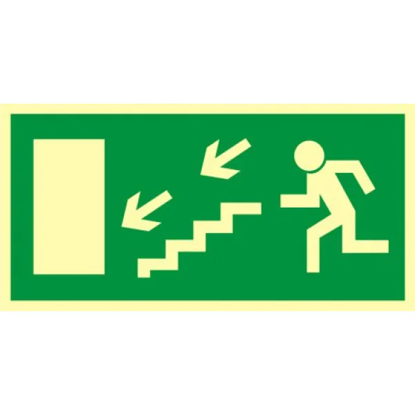 Znak kierunek do wyjścia drogi ewakuacyjnej schodami w dół w lewo na Folii Świecącej (AC021)