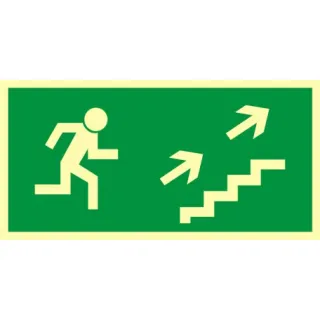 Znak kierunek do wyjścia drogi ewakuacyjnej schodami w górę w prawo na Płycie Świecącej (AA007)