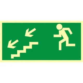 Znak kierunek do wyjścia drogi ewakuacyjnej schodami w dół w lewo na Folii Świecącej (AA005)