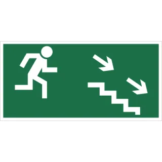 Znak kierunek do wyjścia drogi ewakuacyjnej schodami w dół na prawo na Płycie Świecącej (106)