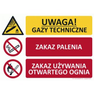 Znak Uwaga! Gazy techniczne. Zakaz palenia i używania otwartego ognia