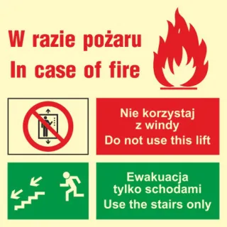 Znak Zakaz korzystania z windy w razie pożaru (lewostronne) na Folii Świecącej (AC099)