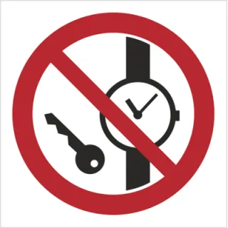 Znak Zakaz wstępu z przedmiotami metalowymi i zegarkami na Folii Samoprzylepnej (636)